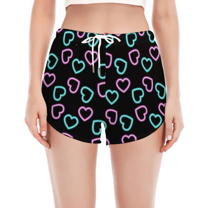 Pink And Blue Lights Heart Pattern Print Women's Split Running Shorts
