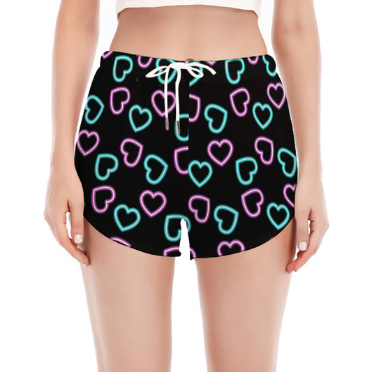 Pink And Blue Lights Heart Pattern Print Women's Split Running Shorts