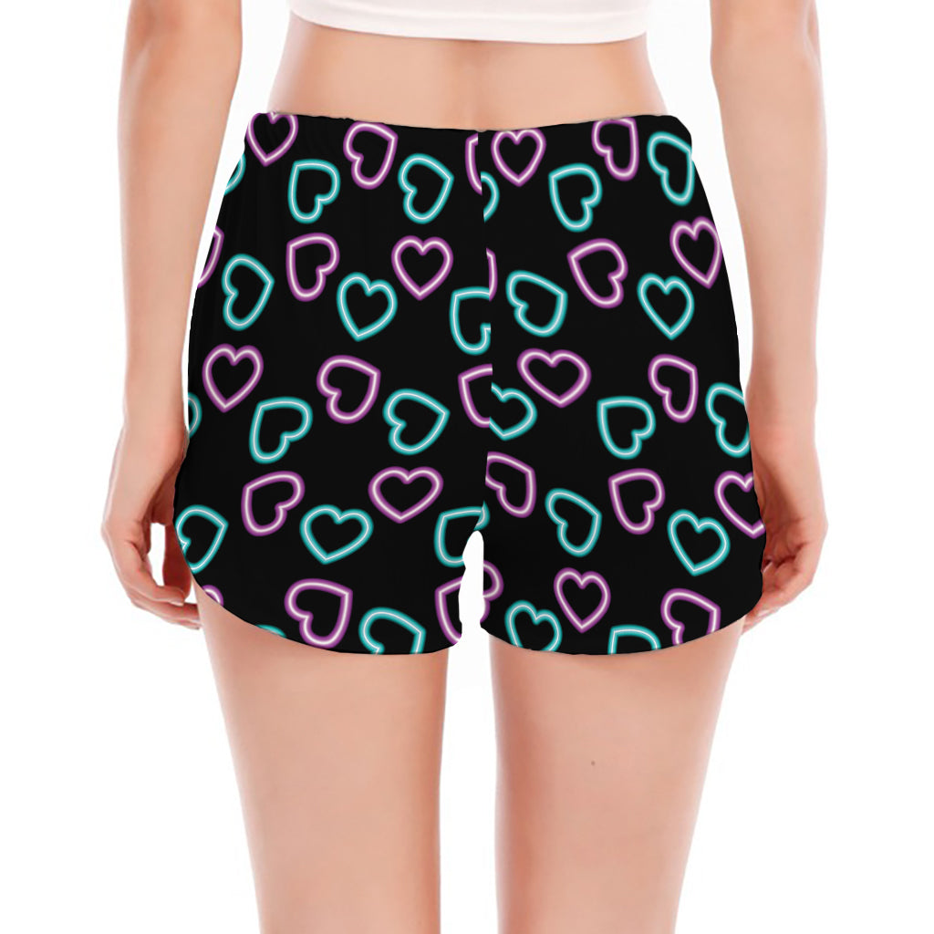 Pink And Blue Lights Heart Pattern Print Women's Split Running Shorts