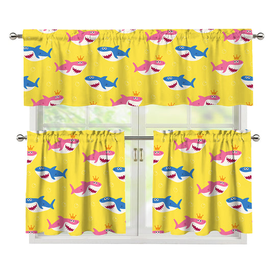 Pink And Blue Shark Pattern Print 3 Piece Kitchen Curtains