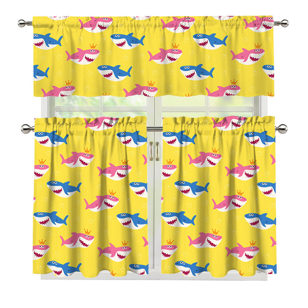 Pink And Blue Shark Pattern Print 3 Piece Kitchen Curtains