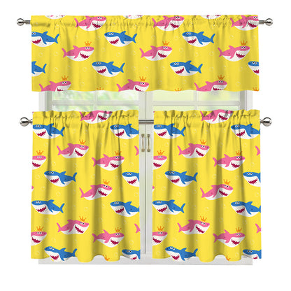 Pink And Blue Shark Pattern Print 3 Piece Kitchen Curtains