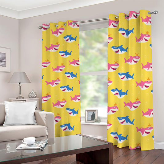 Pink And Blue Shark Pattern Print Blackout Grommet Curtains