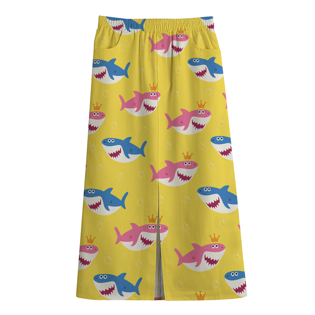 Pink And Blue Shark Pattern Print Cotton Front Slit Maxi Skirt