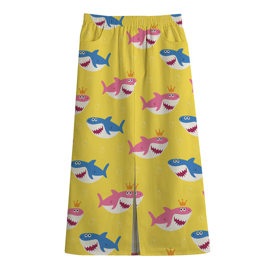 Pink And Blue Shark Pattern Print Cotton Front Slit Maxi Skirt