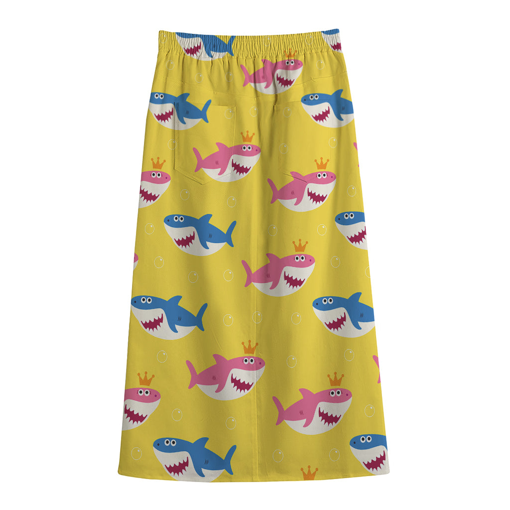 Pink And Blue Shark Pattern Print Cotton Front Slit Maxi Skirt