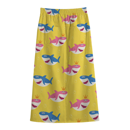 Pink And Blue Shark Pattern Print Cotton Front Slit Maxi Skirt