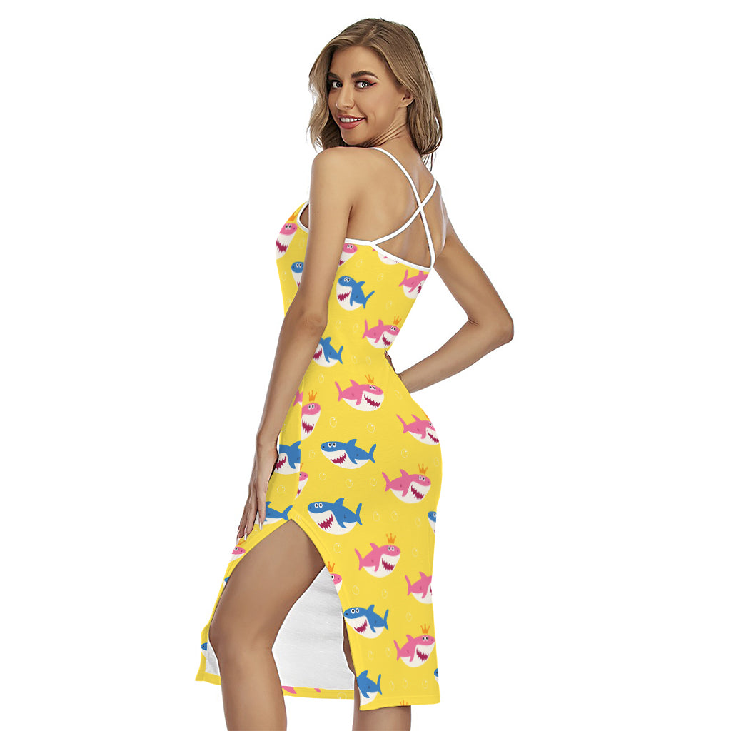 Pink And Blue Shark Pattern Print Cross Back Cami Dress