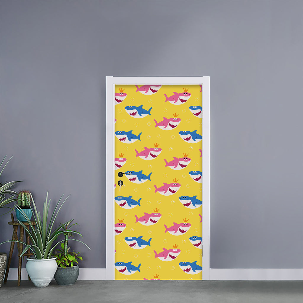 Pink And Blue Shark Pattern Print Door Sticker