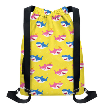 Pink And Blue Shark Pattern Print Drawstring Backpack