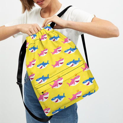 Pink And Blue Shark Pattern Print Drawstring Backpack