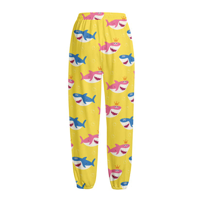 Pink And Blue Shark Pattern Print Fleece Lined Knit Pants
