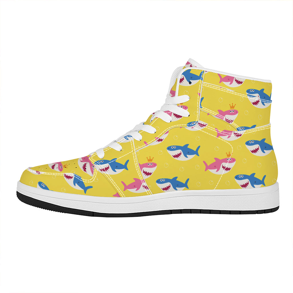 Pink And Blue Shark Pattern Print High Top Leather Sneakers