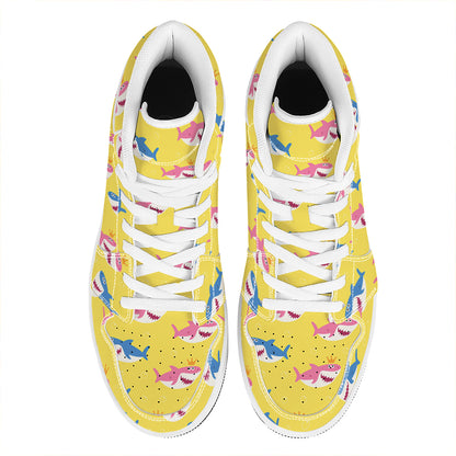 Pink And Blue Shark Pattern Print High Top Leather Sneakers