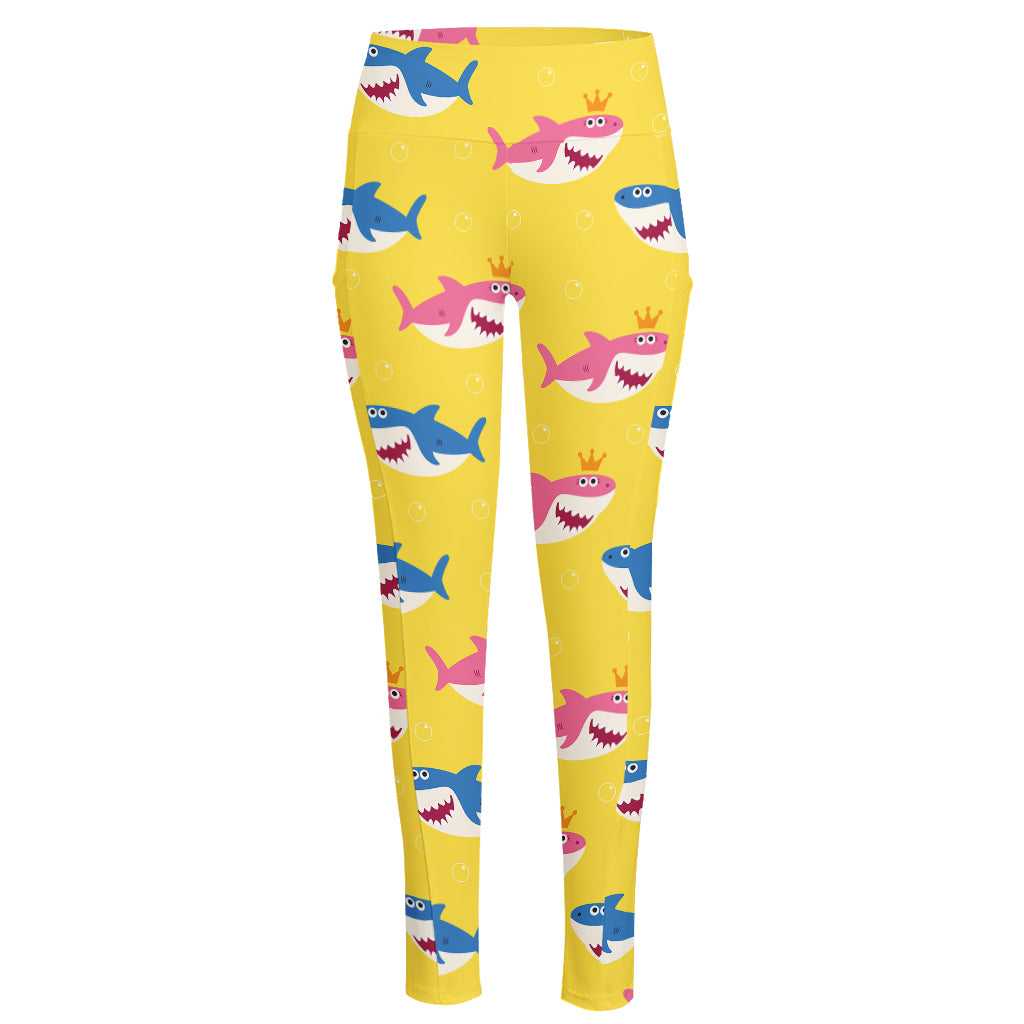 Pink And Blue Shark Pattern Print High-Waisted Pocket Leggings