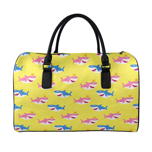 Pink And Blue Shark Pattern Print Leather Duffle Bag