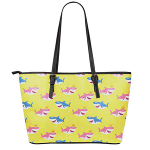 Pink And Blue Shark Pattern Print Leather Tote Bag