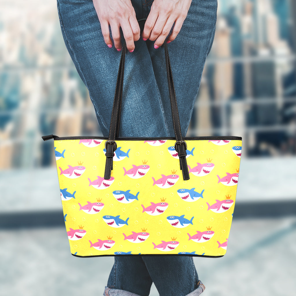 Pink And Blue Shark Pattern Print Leather Tote Bag