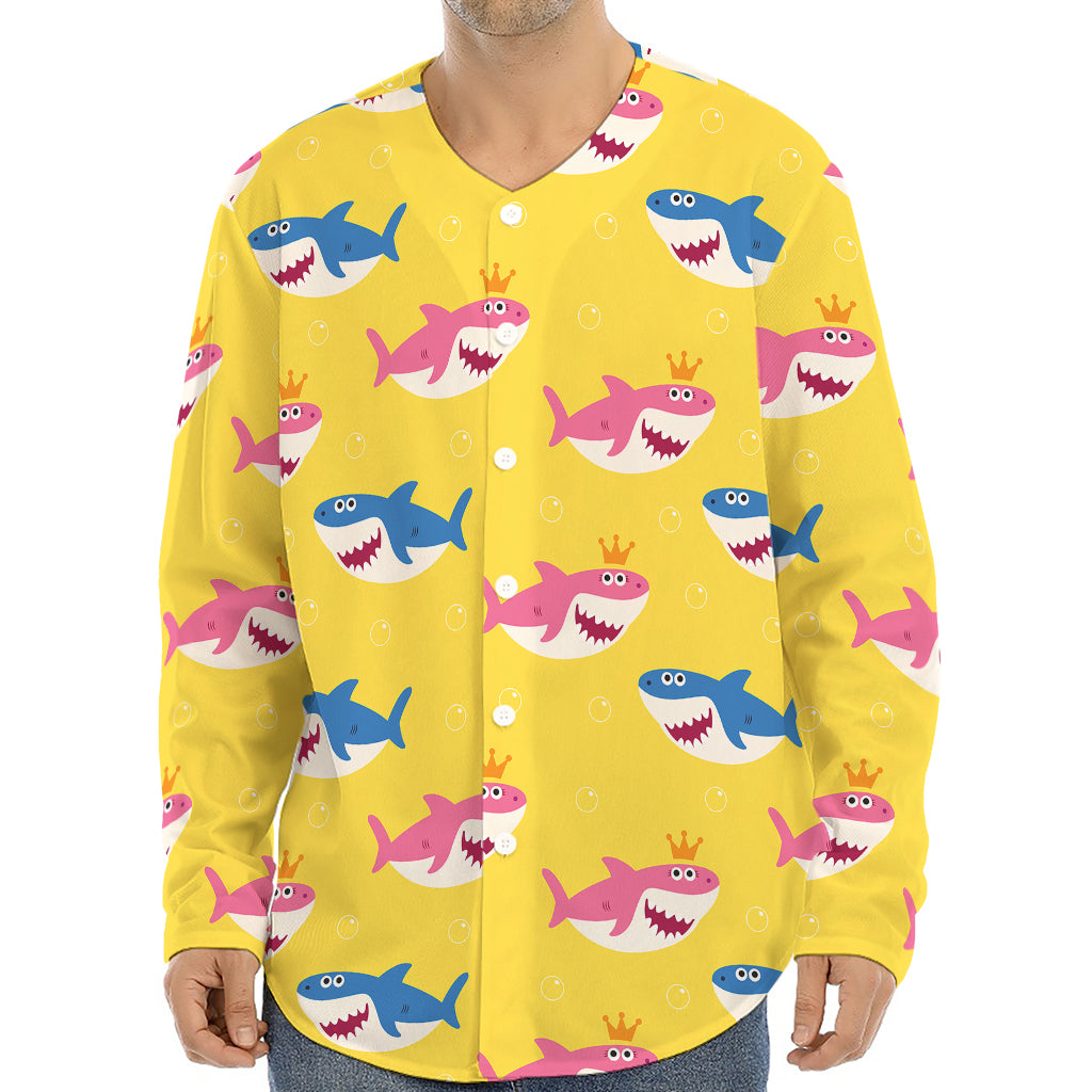 Pink And Blue Shark Pattern Print Long Sleeve Baseball Jersey