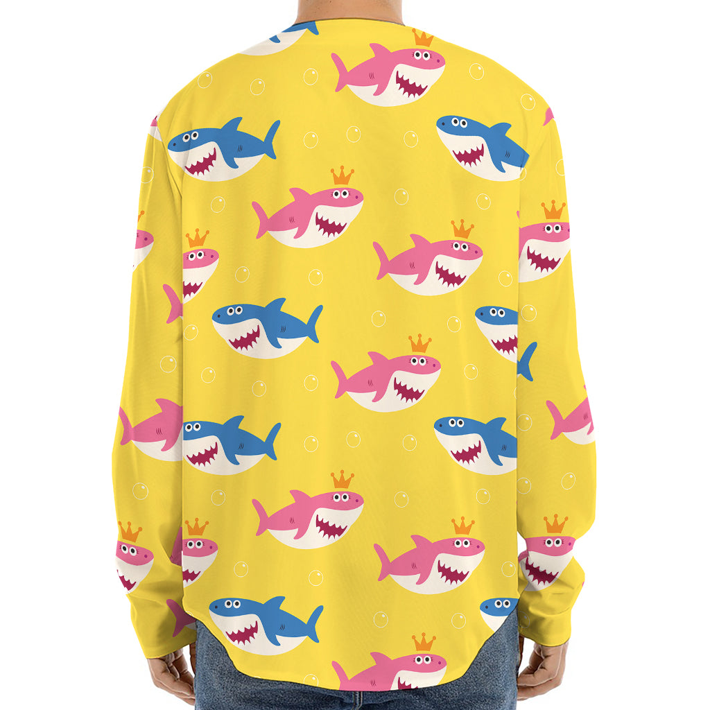 Pink And Blue Shark Pattern Print Long Sleeve Baseball Jersey