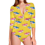 Pink And Blue Shark Pattern Print Long Sleeve Swimsuit