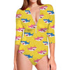 Pink And Blue Shark Pattern Print Long Sleeve Swimsuit