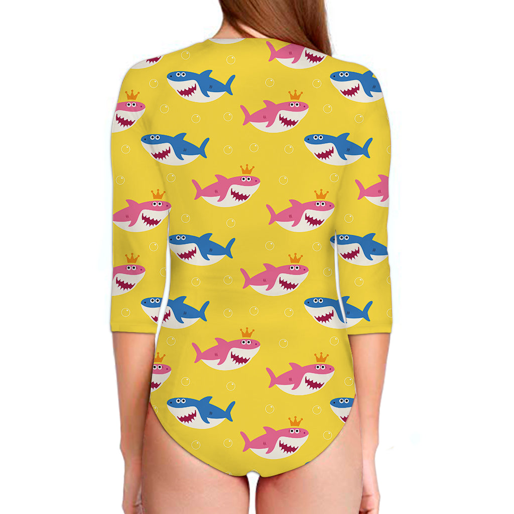 Pink And Blue Shark Pattern Print Long Sleeve Swimsuit