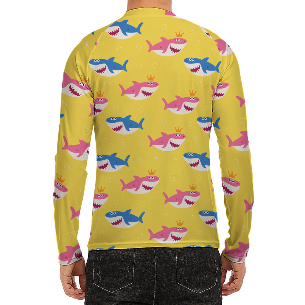 Pink And Blue Shark Pattern Print Men's Long Sleeve Rash Guard