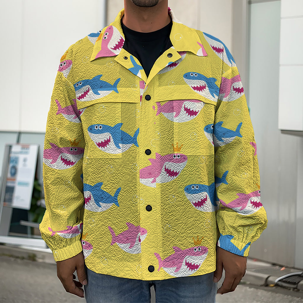 Pink And Blue Shark Pattern Print Men's Shirt Jacket