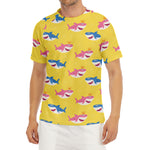 Pink And Blue Shark Pattern Print Men's Short Sleeve Rash Guard