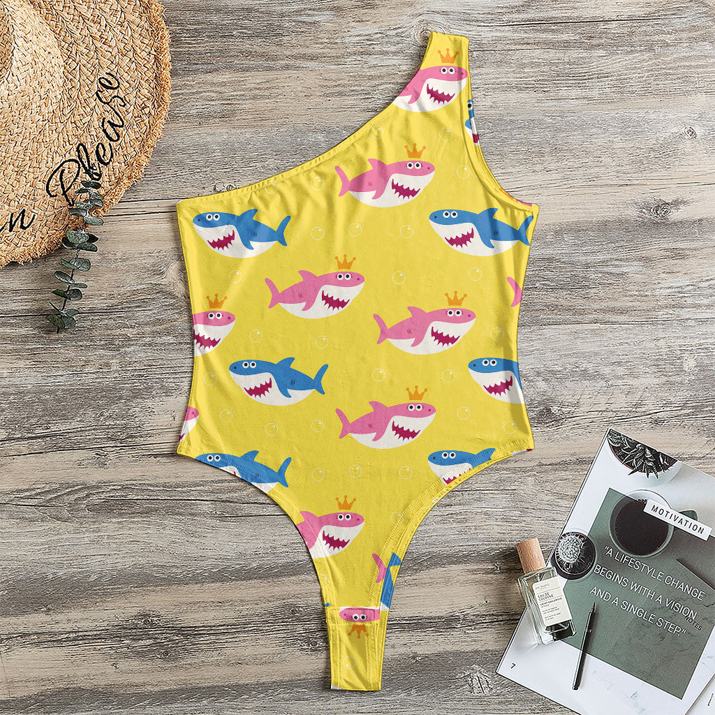 Pink And Blue Shark Pattern Print One Shoulder Bodysuit