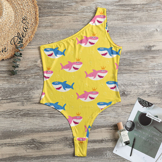 Pink And Blue Shark Pattern Print One Shoulder Bodysuit