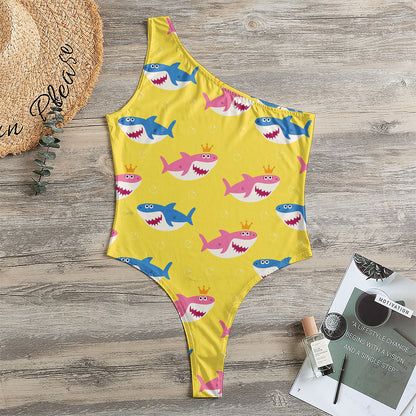 Pink And Blue Shark Pattern Print One Shoulder Bodysuit