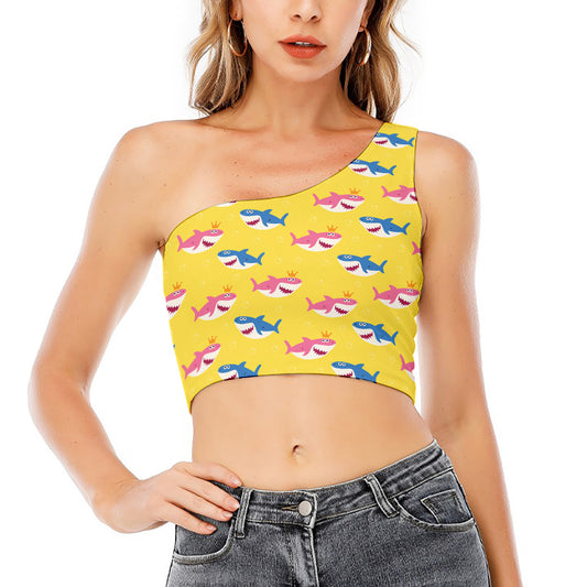 Pink And Blue Shark Pattern Print One Shoulder Crop Top