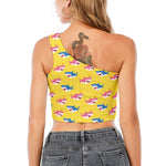 Pink And Blue Shark Pattern Print One Shoulder Crop Top
