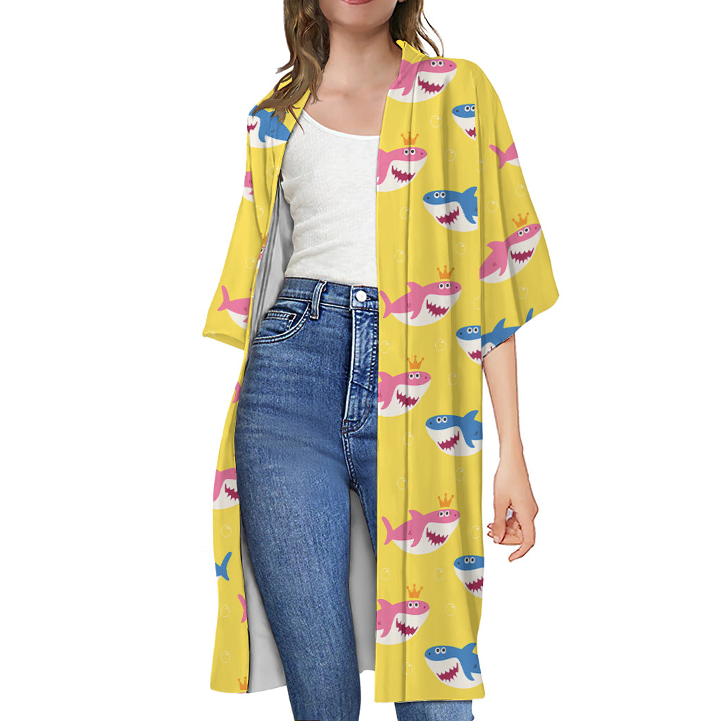 Pink And Blue Shark Pattern Print Open Front Beach Cover Up