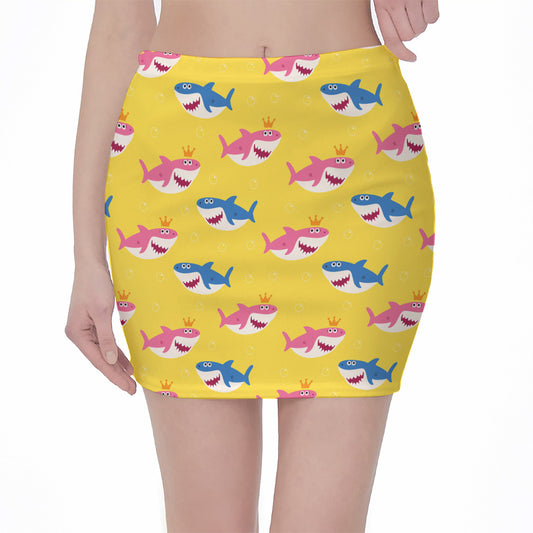 Pink And Blue Shark Pattern Print Pencil Mini Skirt