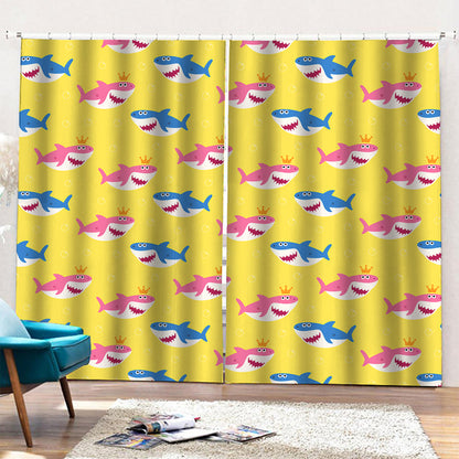 Pink And Blue Shark Pattern Print Pencil Pleat Curtains