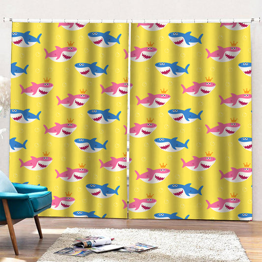 Pink And Blue Shark Pattern Print Pencil Pleat Curtains