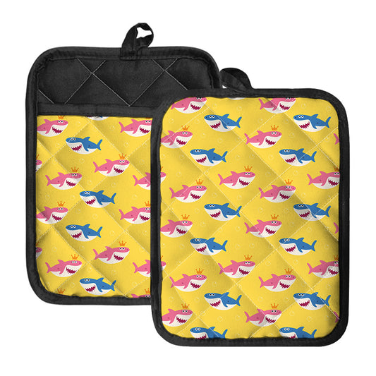 Pink And Blue Shark Pattern Print Pot Holders With Pocket