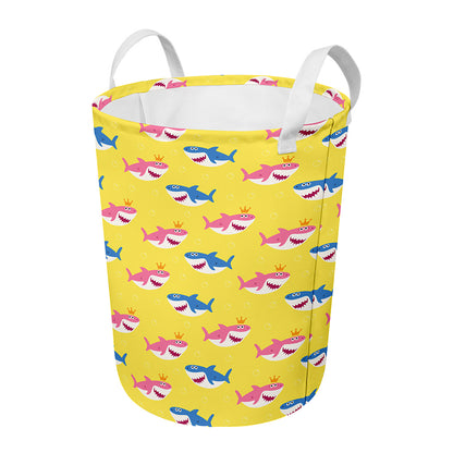Pink And Blue Shark Pattern Print Round Laundry Basket
