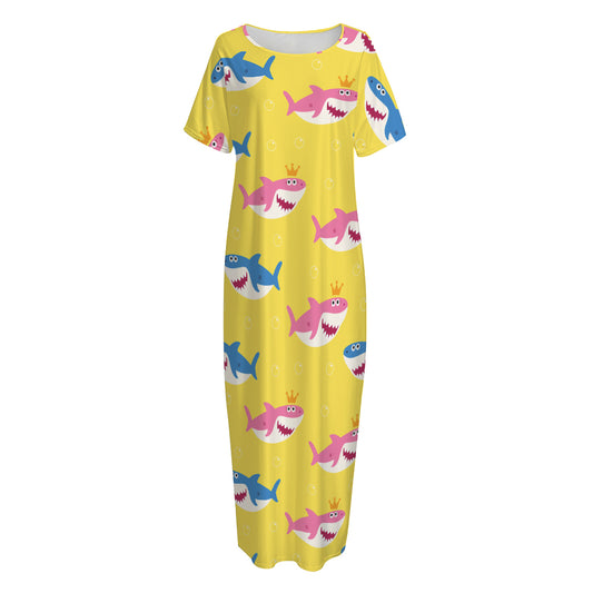 Pink And Blue Shark Pattern Print Short Sleeve Long Nightdress