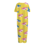 Pink And Blue Shark Pattern Print Short Sleeve Long Nightdress