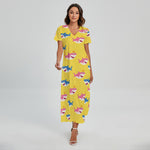 Pink And Blue Shark Pattern Print Short Sleeve Maxi Dress