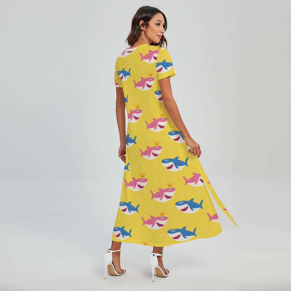 Pink And Blue Shark Pattern Print Short Sleeve Maxi Dress