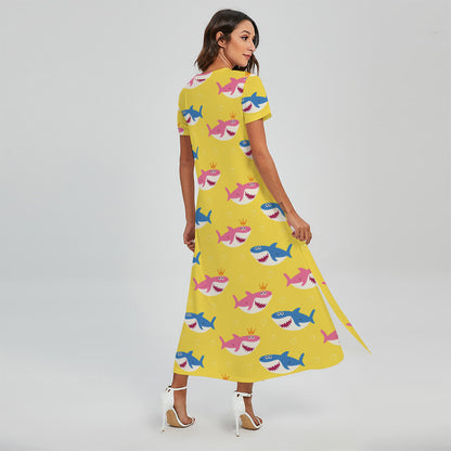 Pink And Blue Shark Pattern Print Short Sleeve Maxi Dress