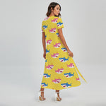 Pink And Blue Shark Pattern Print Short Sleeve Maxi Dress