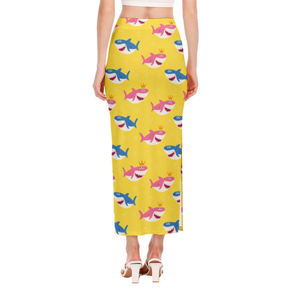 Pink And Blue Shark Pattern Print Side Slit Maxi Skirt