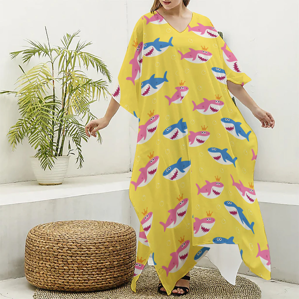 Pink And Blue Shark Pattern Print Silk V-Neck Kaftan Dress