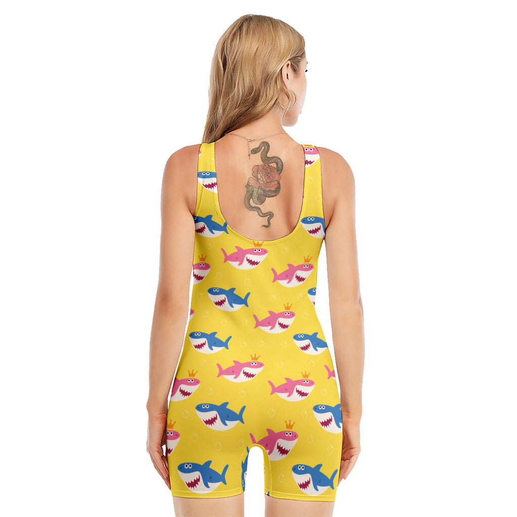 Pink And Blue Shark Pattern Print Sleeveless One Piece Swimsuit